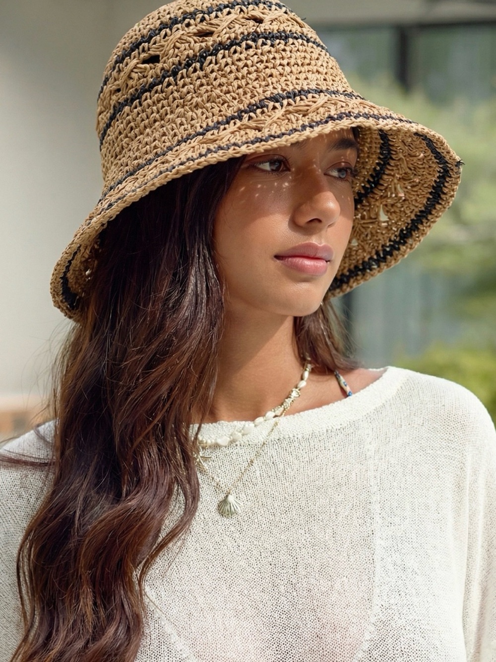 Woven Straw Bucket Hat with Black Accent - Natural